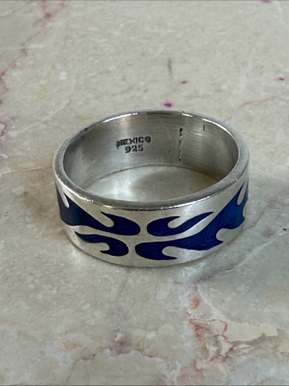 Silver Blue Flame Band Ring - Mexico 925, Size 11